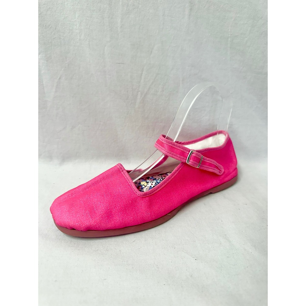 Kung Fu Mary Happy Shoes Neon Pink Canvas Shimmer Mary Jane Flats Size 39 US 8